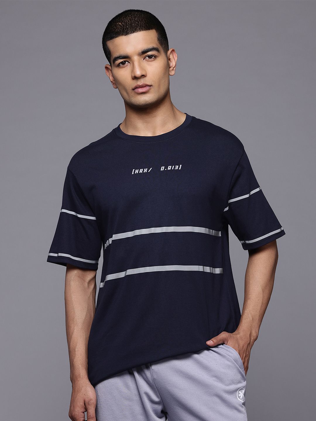 HRX by Hrithik Roshan Men Reflective Striped Relaxed Fit T-shirt