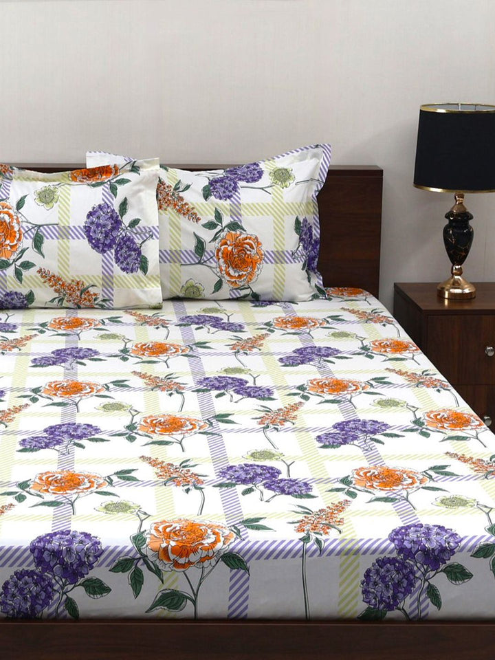 BOMBAY DYEING Allure Purple Floral Cotton 144TC Fitted Bedsheet Set-1.52m X 1.98m X30cm