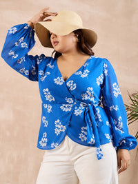 Berrylush Curve Plus Size Blue Floral Printed V-Neck Bishop Sleeve Wrap Top
