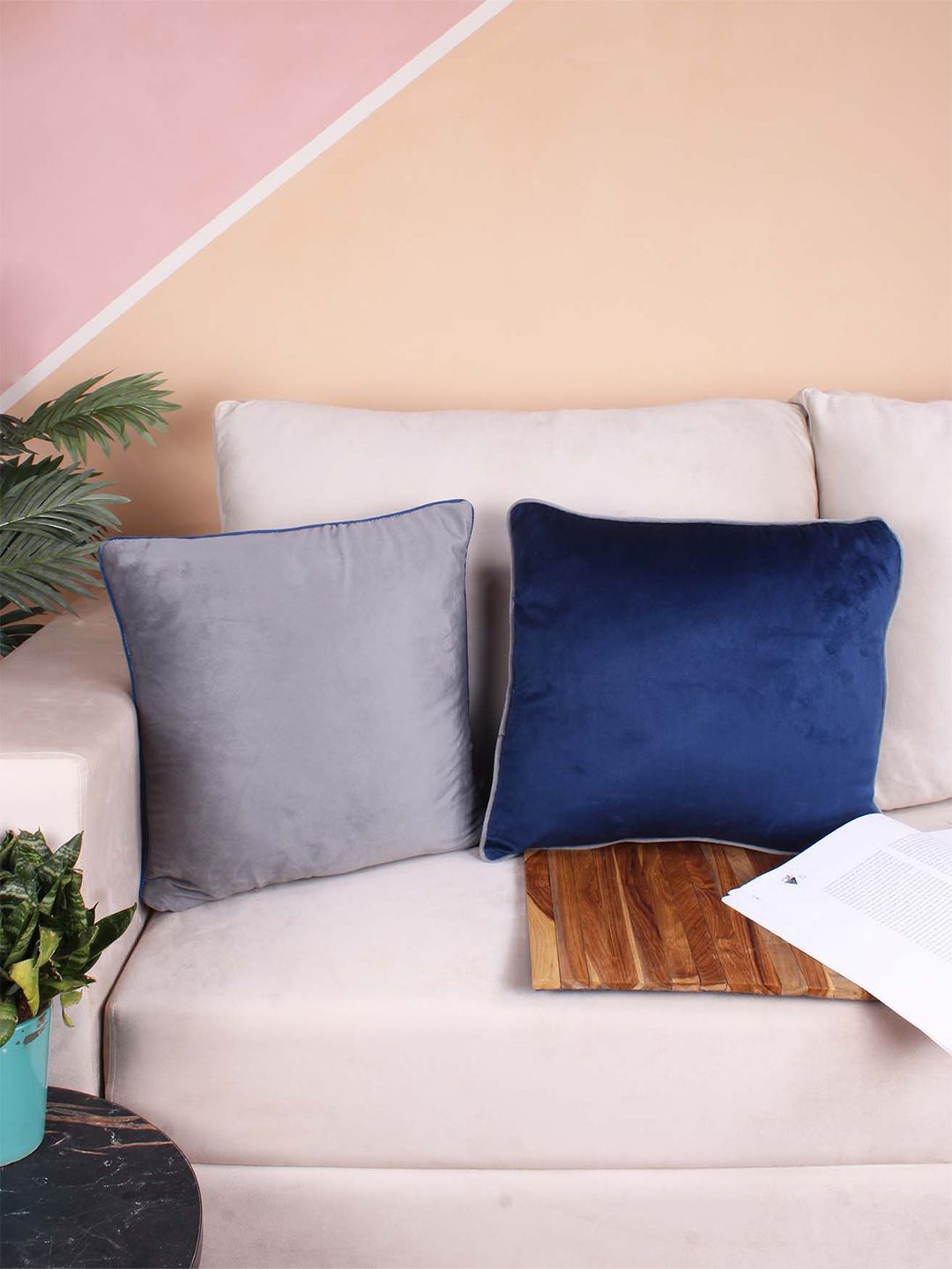 STITCHNEST 2 Pcs Grey & Blue Velvet Square Cushion Covers