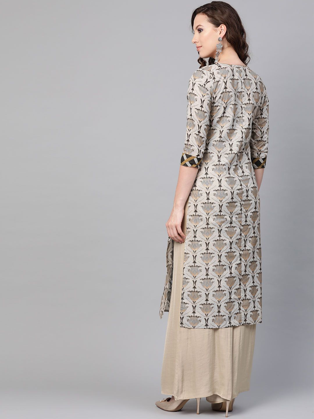 SOJANYA Wanita Grey & Black Foil Print A-Line Kurta