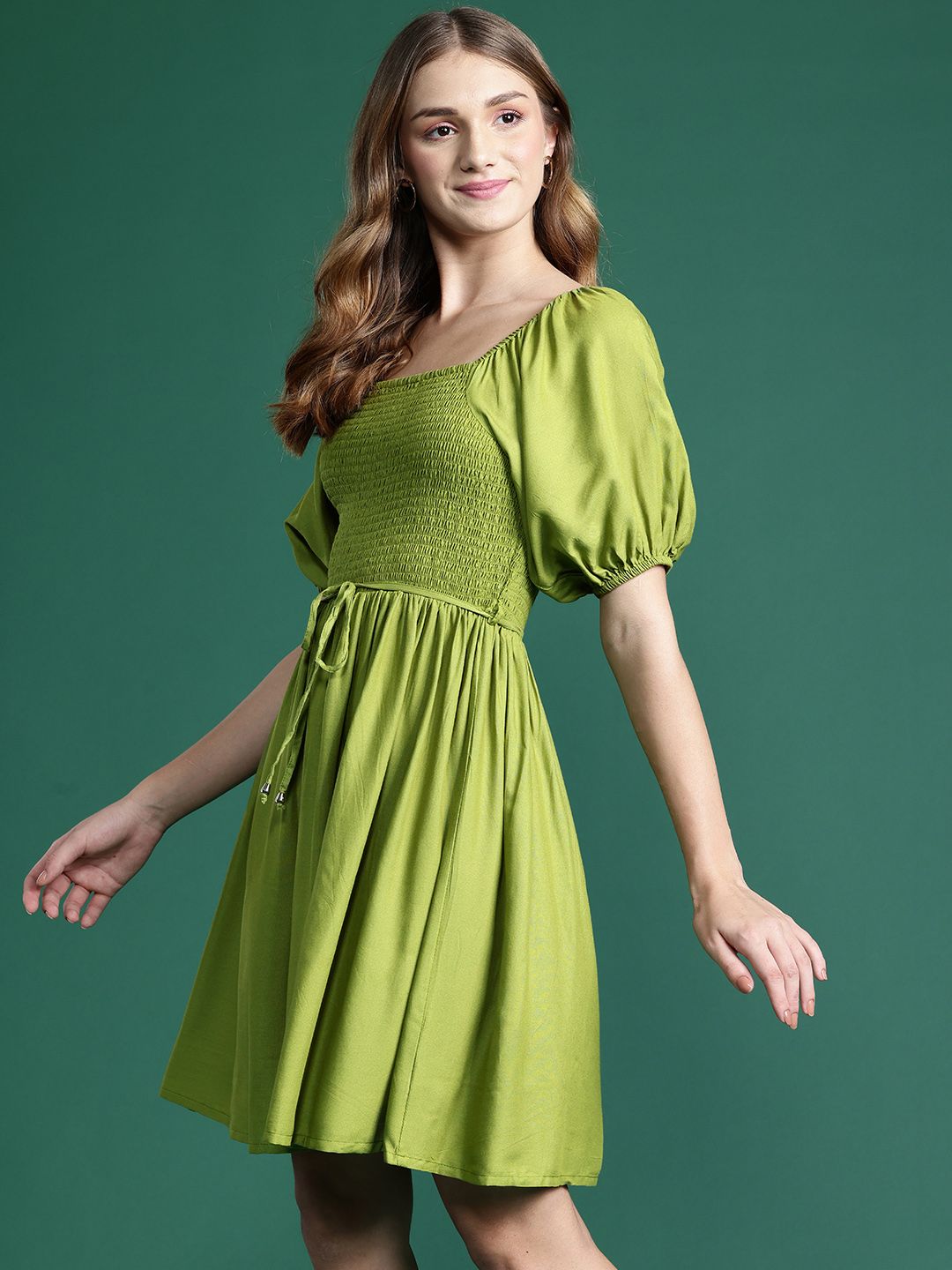 DressBerry Puff Sleeve A-Line Mini Dress with Belt