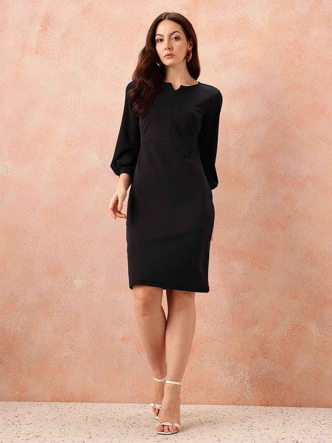 all about you Notched Round Neck Cuffed Sleeves Sheath Dress with Back Sllit