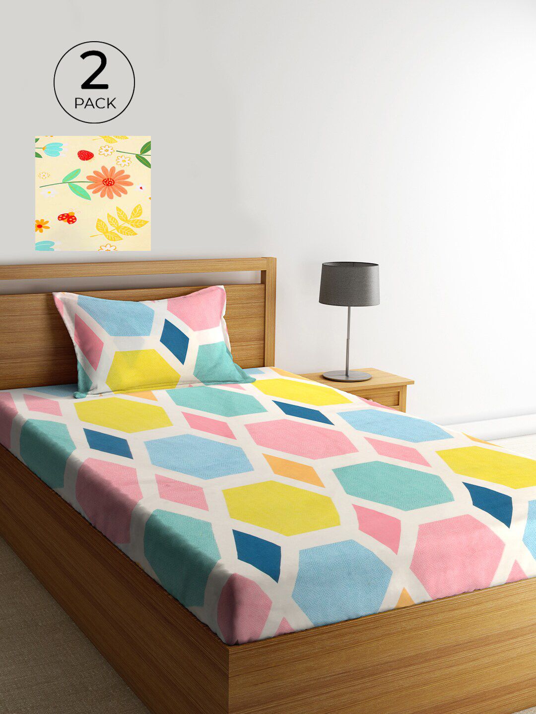 KLOTTHE Yellow & Blue Geometric 210 TC 2 Single Bedsheet with 2 Pillow Covers
