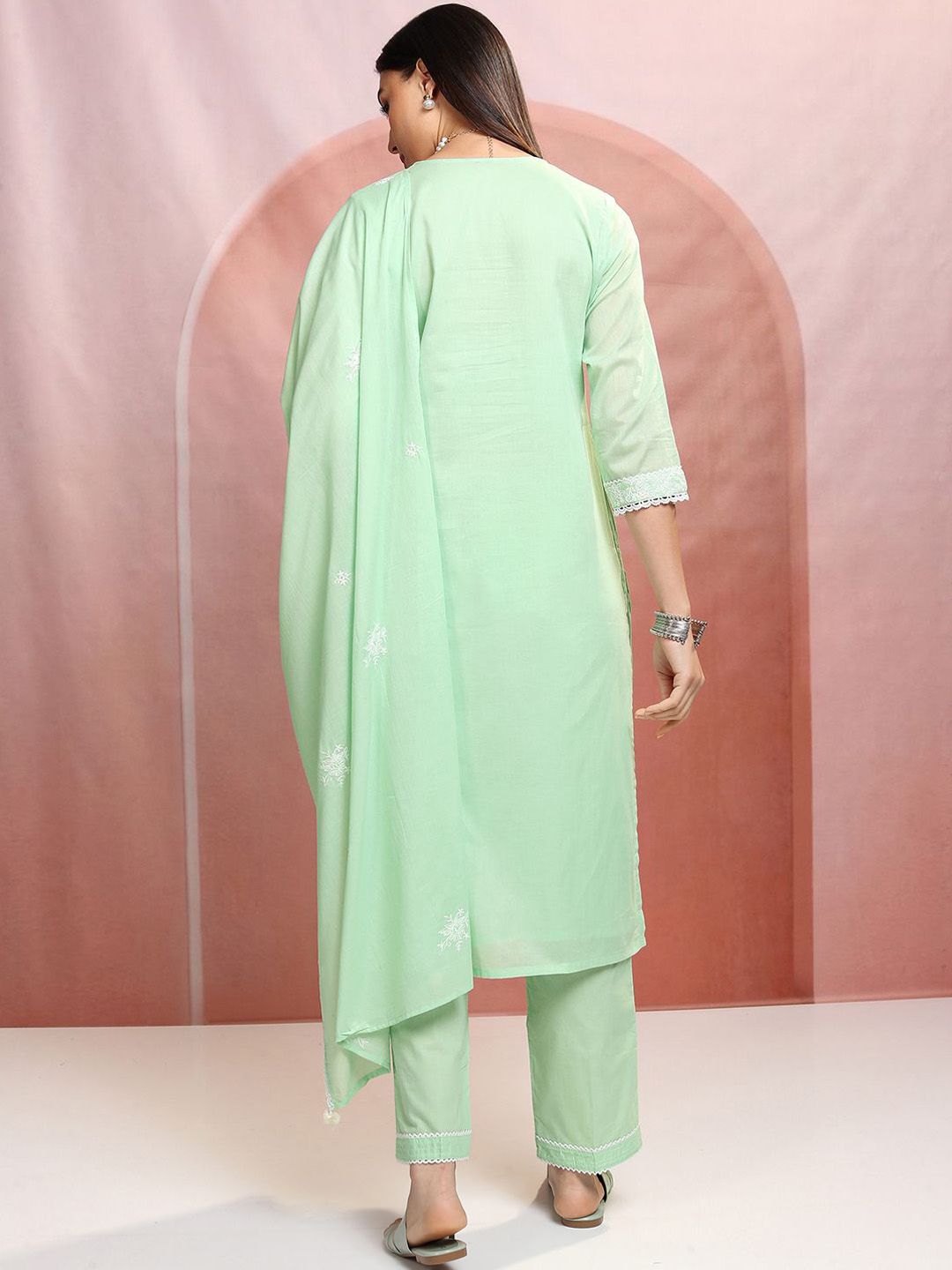 Vishudh Floral Embroidered Pure Cotton Straight Kurta with Trousers & With Dupatta