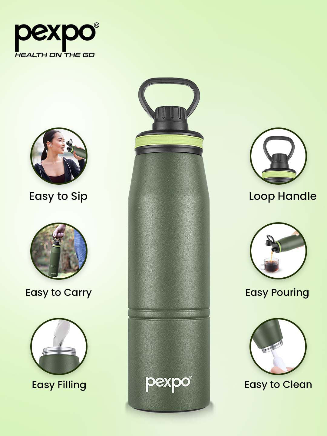 Pexpo Altros Green Double wall Thermosteel Hot and Cold Flask Water Bottle 740ml