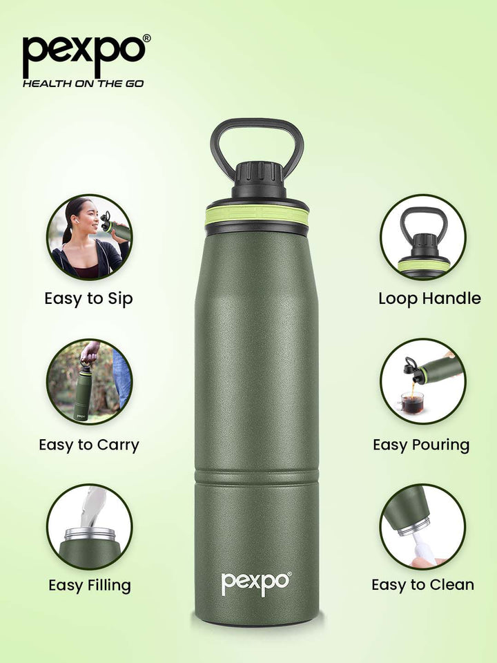 Pexpo Altros Green Double wall Thermosteel Hot and Cold Flask Water Bottle 740ml