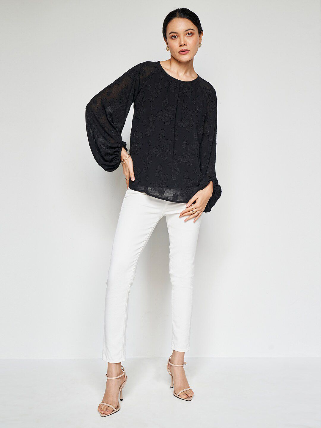 AND Self Design Puff Sleeves Top