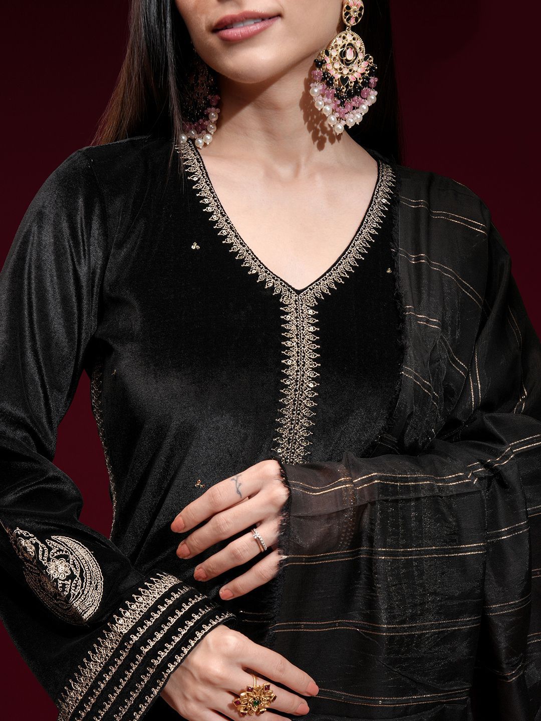 Vishudh Women Embroidered Velvet Straight Kurta with Slim Palazzo and Dupatta