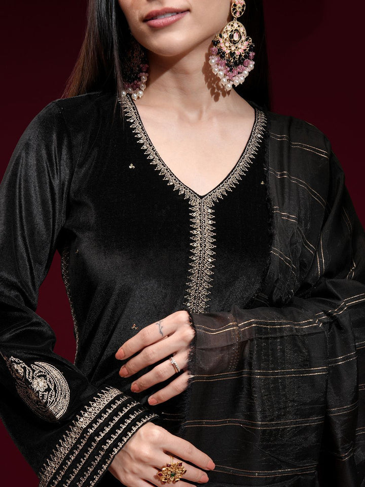 Vishudh Women Embroidered Velvet Straight Kurta with Slim Palazzo and Dupatta