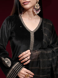 Vishudh Women Embroidered Velvet Straight Kurta with Slim Palazzo and Dupatta