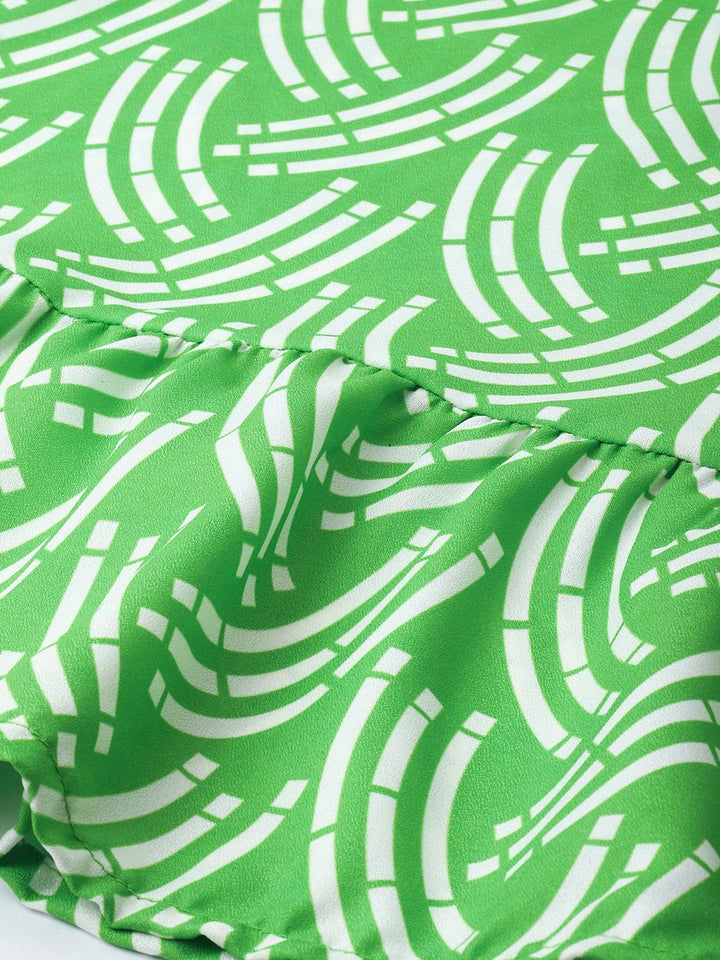 DressBerry Bold Shapes, Fresh Green Printed Gathered A-Line Mini Dress