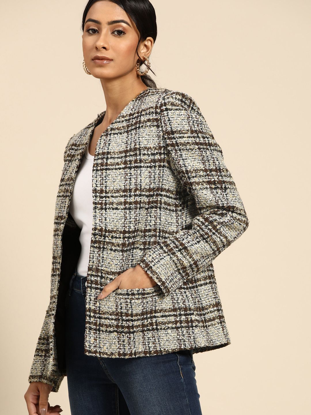 all about you Women Brown White Checked Open Front Jacket