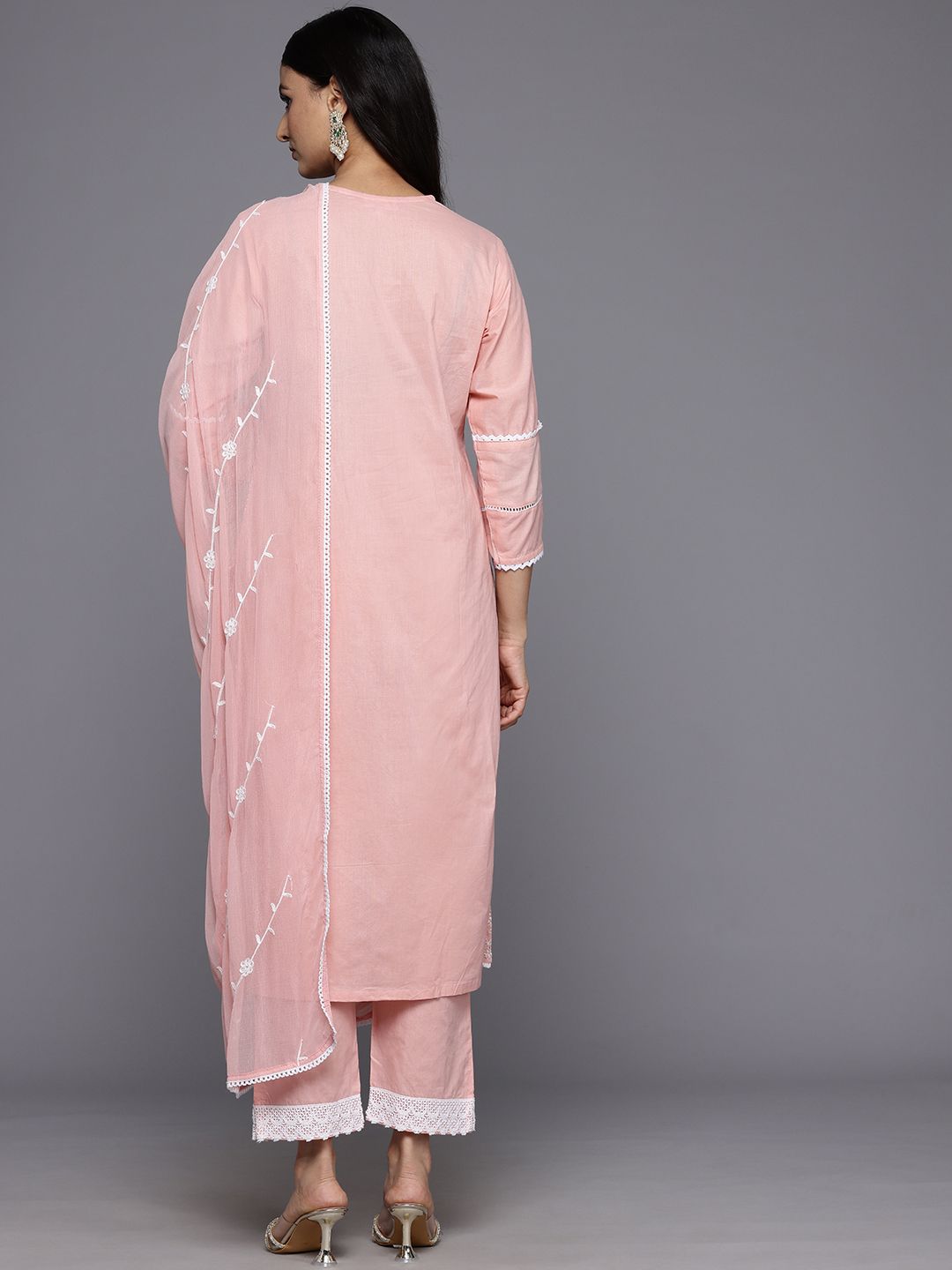 Varanga Floral Embroidered Panelled Thread Work Pure Cotton Kurta With Trousers & Dupatta