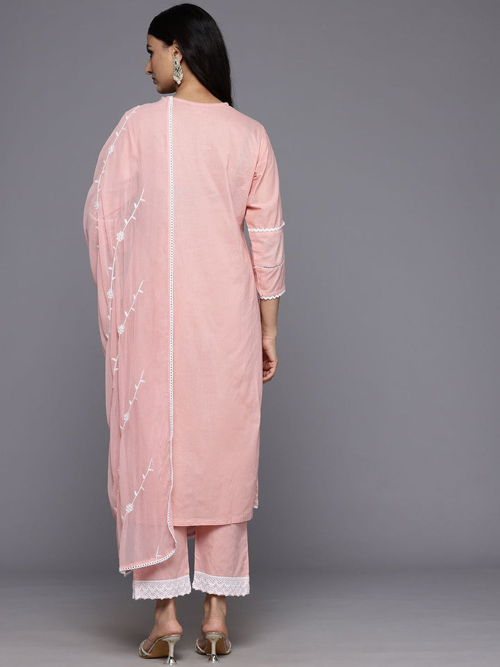 Varanga Floral Embroidered Panelled Thread Work Pure Cotton Kurta With Trousers & Dupatta