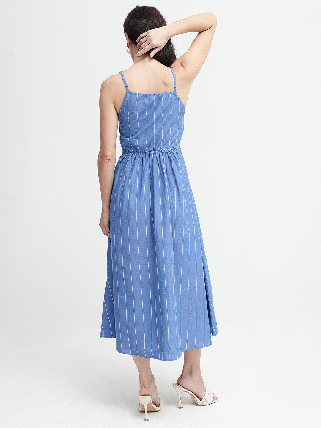 RAREISM Women Cotton Blue Striped Fit & Flare Shoulder Straps Midi Dress