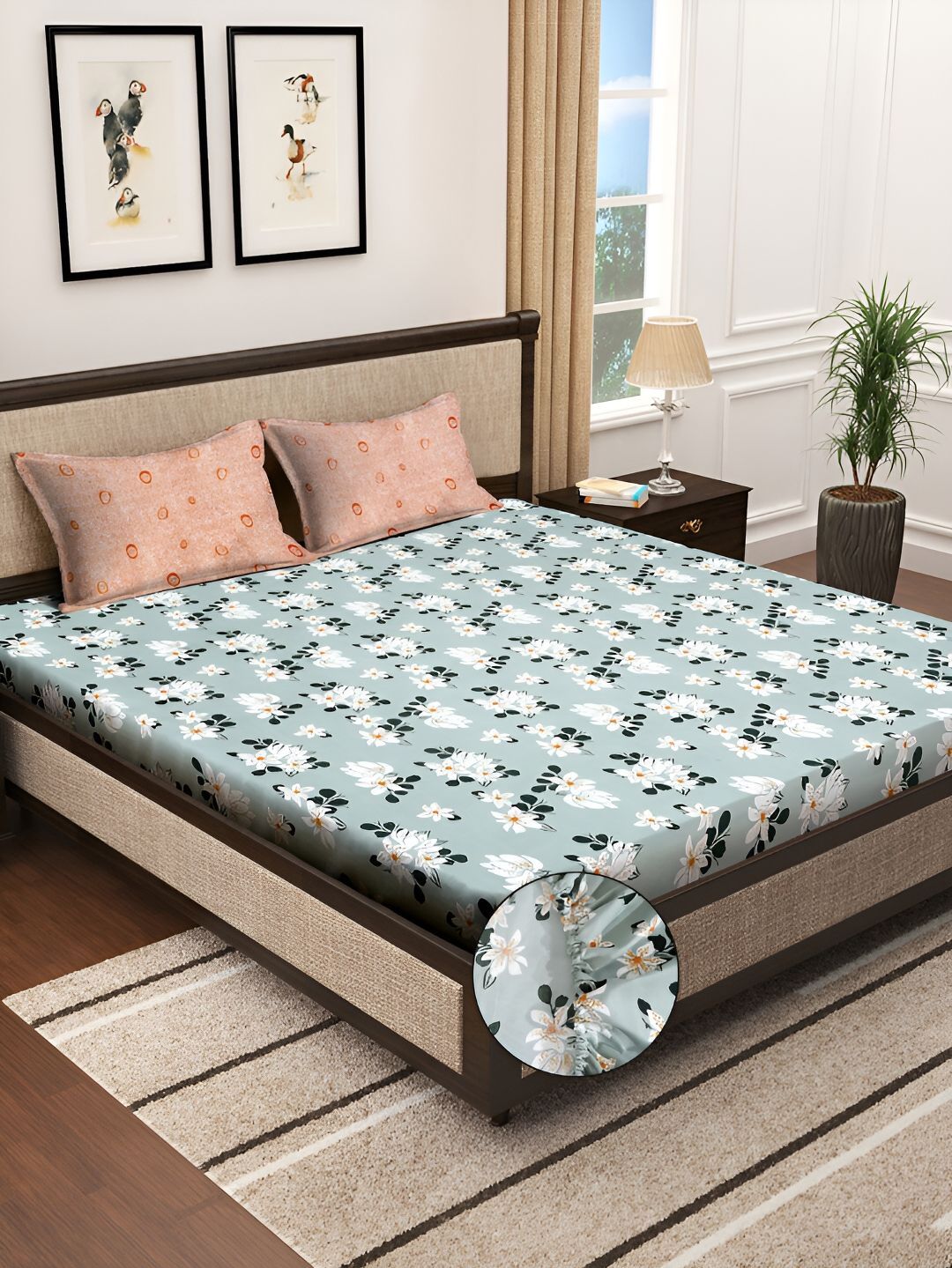 KLOTTHE Green Floral Cotton 300 TC Fitted King Fine Bedsheet with 2 Pillow Covers-106 x 106 inches