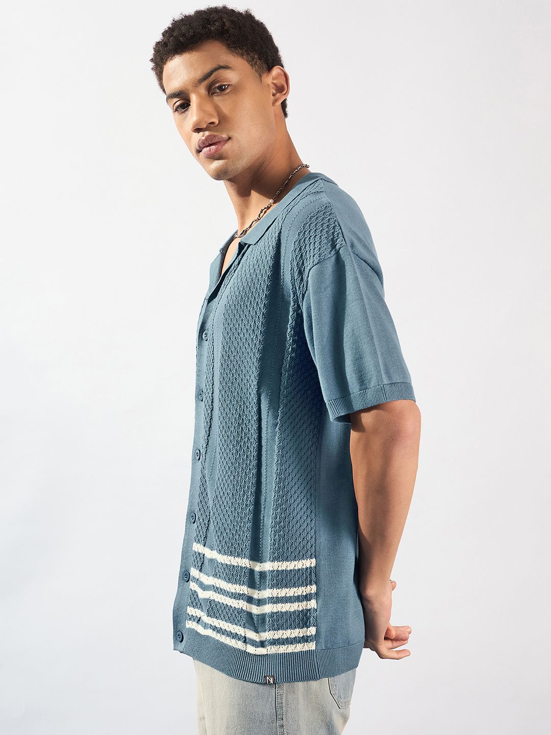 DENNISON Textured Polo Collar Front Open T-Shirt