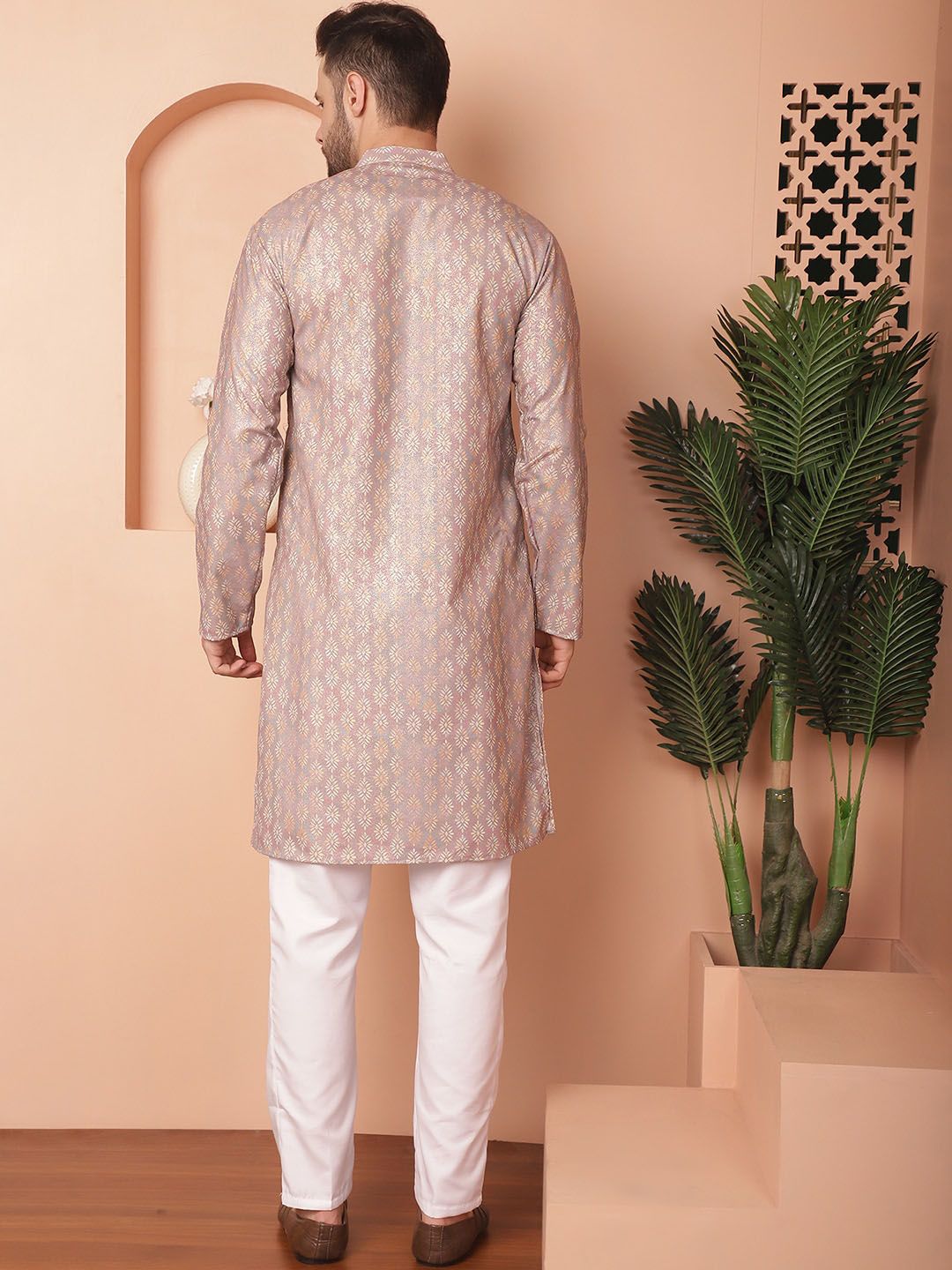 Jompers Floral Foil Printed Mandarin Collar Straight Kurta With Pajamas