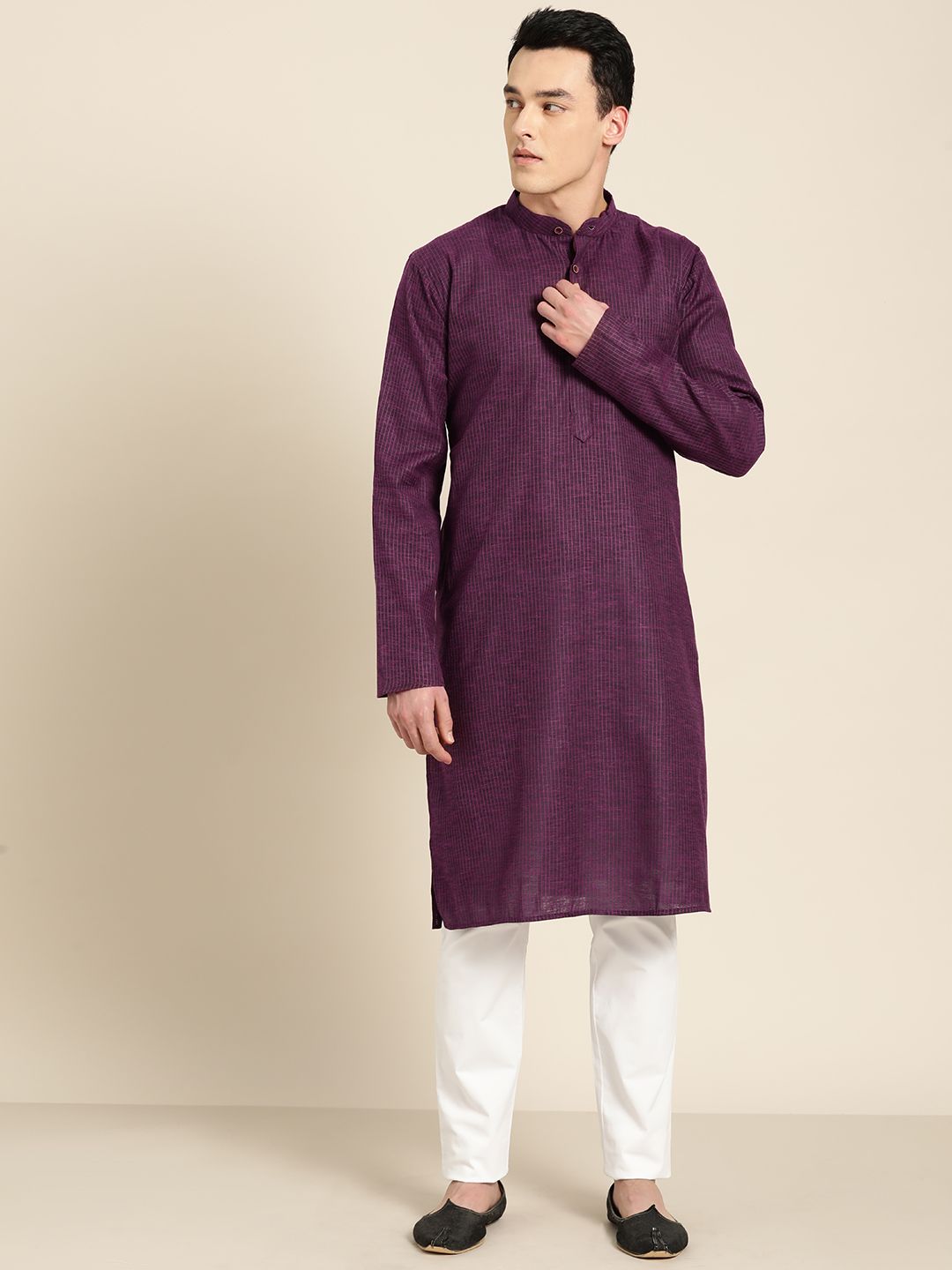 SOJANYA Kurta Lurus Berjalur Ungu Lelaki