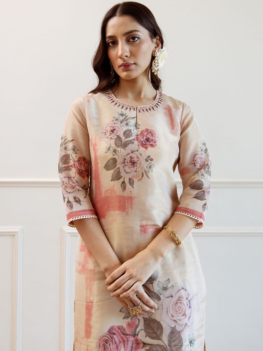 Indo Era Women Floral Printed Regular Kurta with Trousers Dupatta