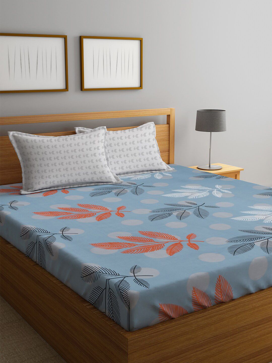 KLOTTHE Blue Leaf Polycotton 300 TC Fitted King Fine Bedsheet dengan 2 Sarung Bantal-98 x 87 inci