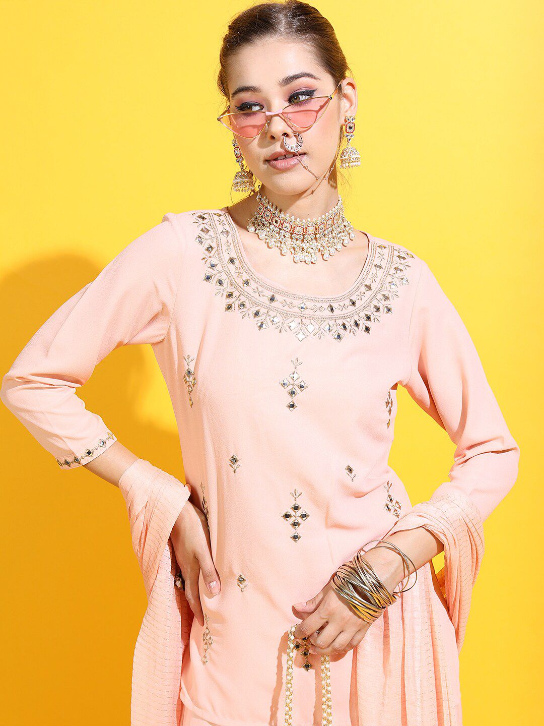 Vishudh Women Peach-Coloured Floral Embroidered Mirror Work Kurti with Sharara & With Dupatta