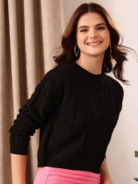 STREET 9 Black Cable Knit Self Design Acrylic Pullover Sweater