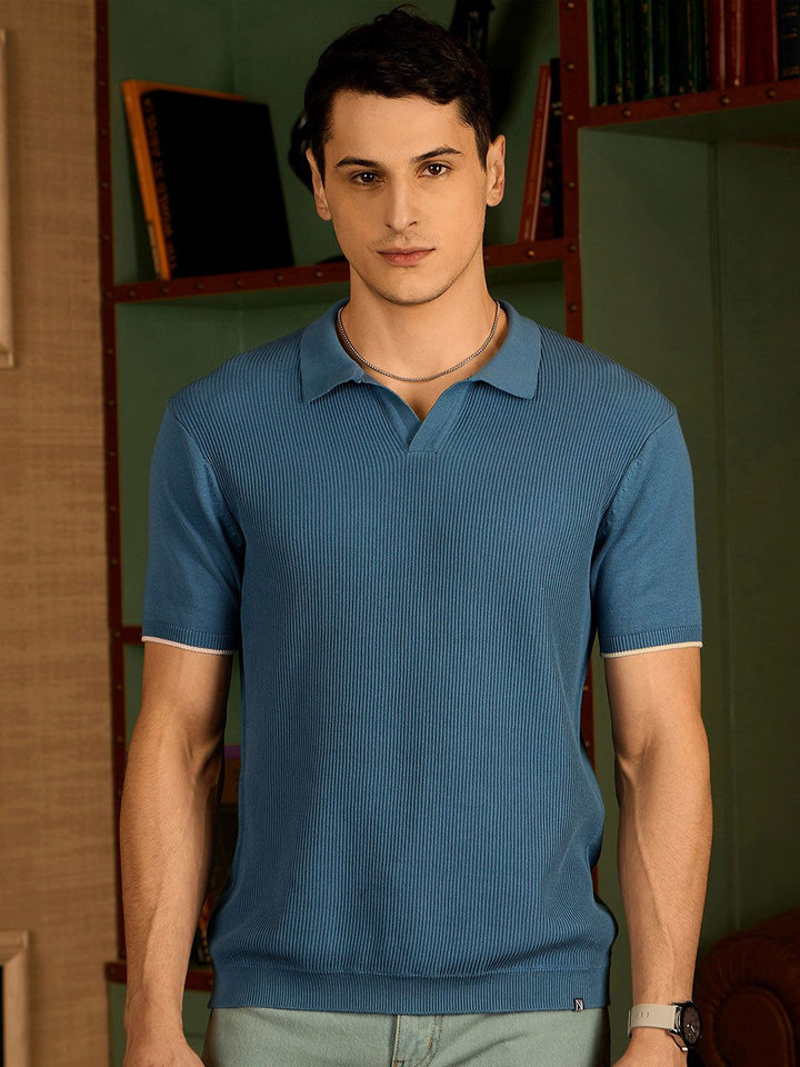 DENNISON Men Textured Polo Collar Knitted T-Shirt