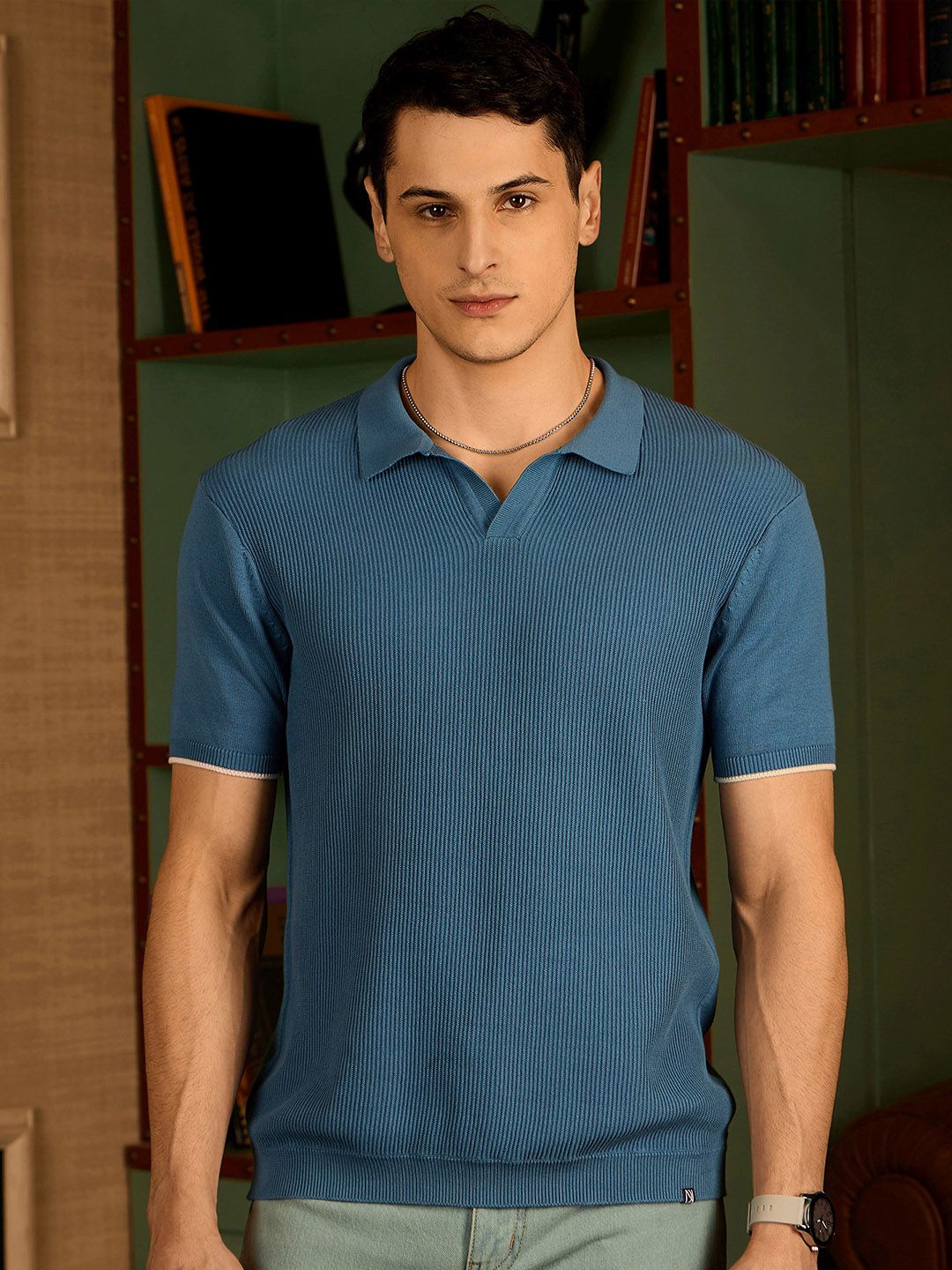 DENNISON Men Textured Polo Collar Knitted T-Shirt