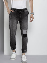 The Indian Garage Co Men Black Jean Slim Fit Heavy Fade Cuffed Hem Patch Work Jeans