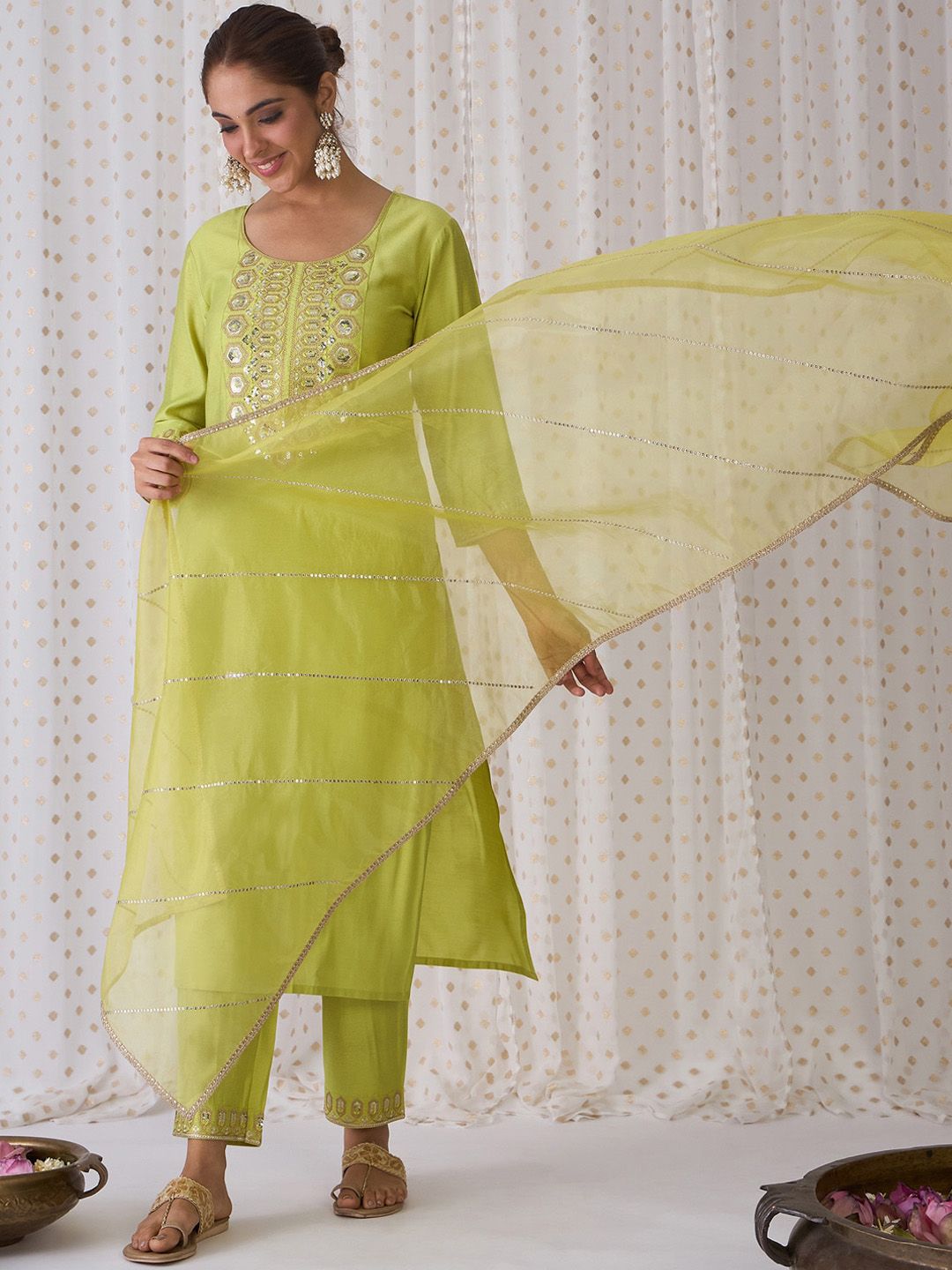Indo Era Geometric Embroidered Round Neck Liva Straight Kurta with Trousers & Dupatta