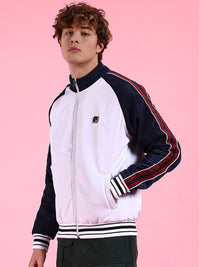 The Indian Garage Co Men White Striped Crop Outdoor Bomber with Embroidered Jacket