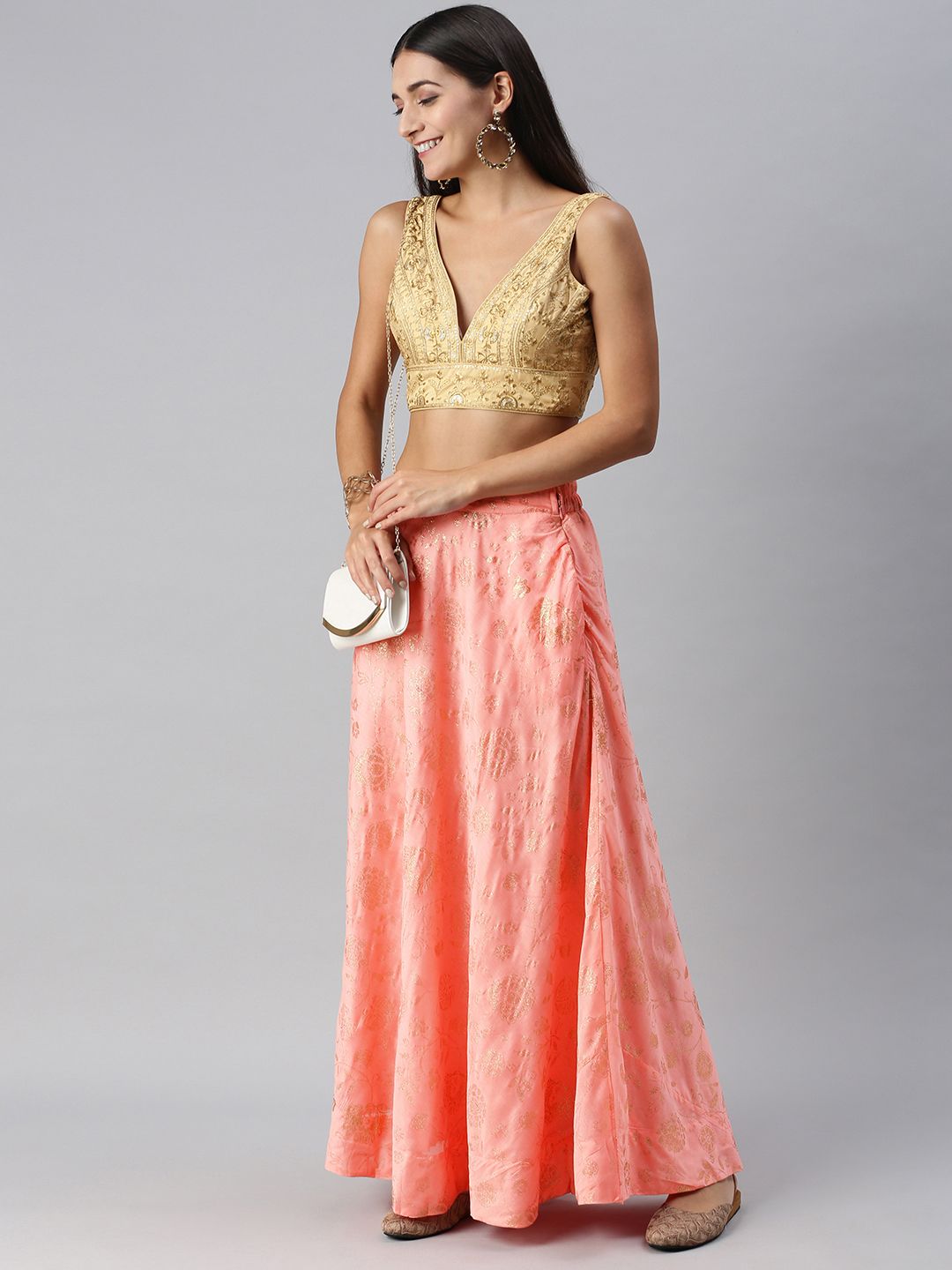 Global Desi Women Peach Pink & Gold-toned Embellished Paneled Flared Maxi Skirt