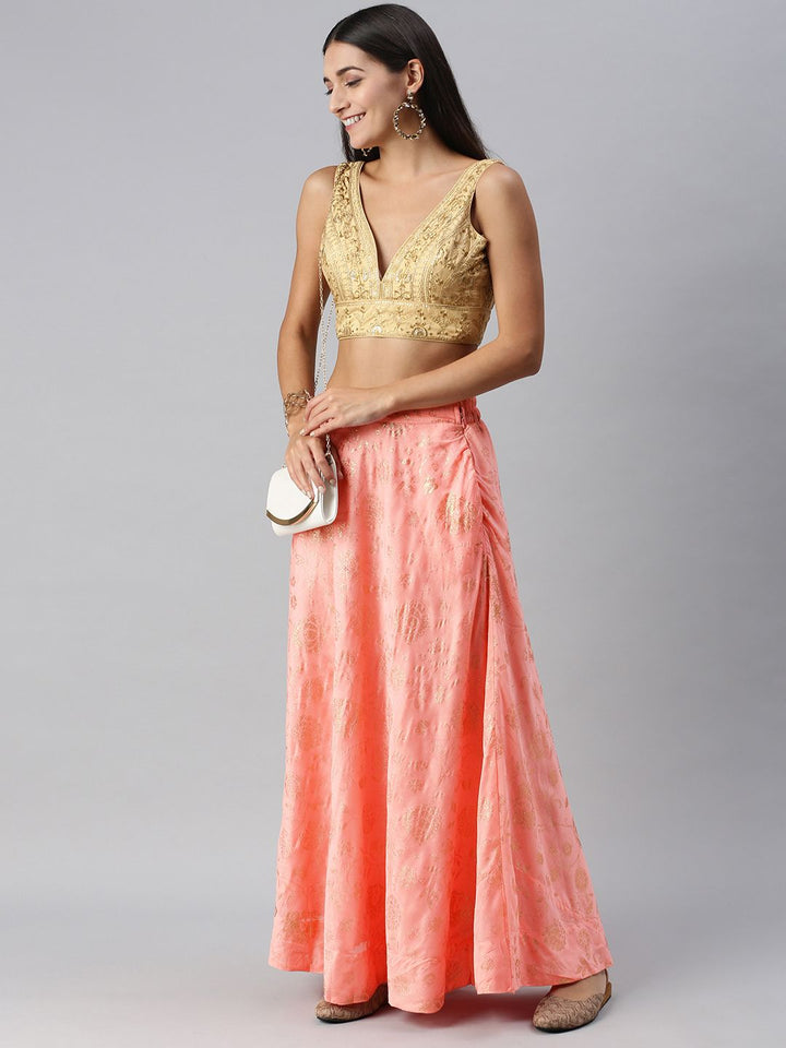 Global Desi Women Peach Pink & Gold-toned Embellished Paneled Flared Maxi Skirt