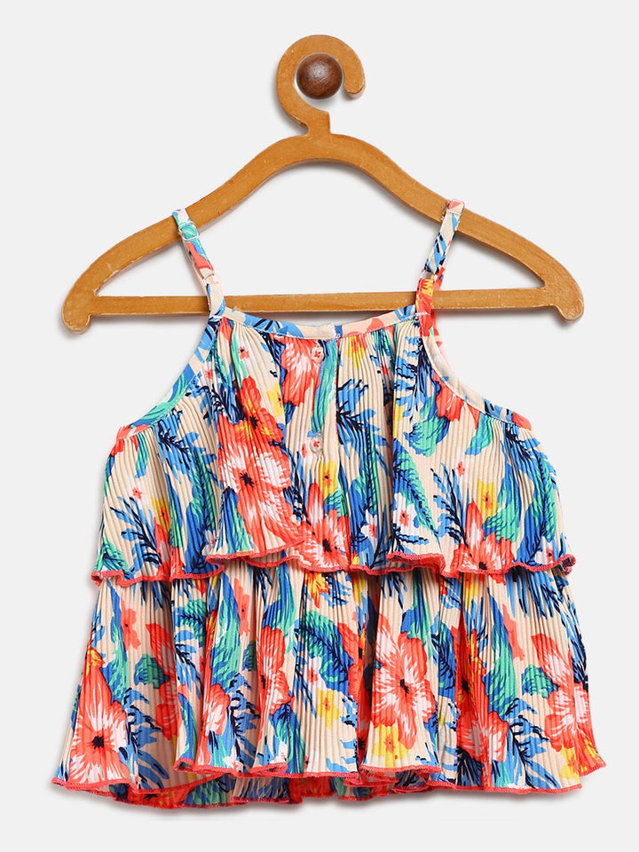 Nauti Nati Girls Blue & Coral Orange Printed Top & Solid Shorts