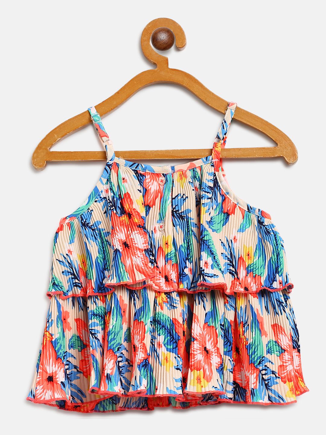 Nauti Nati Girls Blue & Coral Orange Printed Top & Solid Shorts