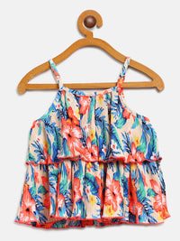 Nauti Nati Girls Blue & Coral Orange Printed Top & Solid Shorts