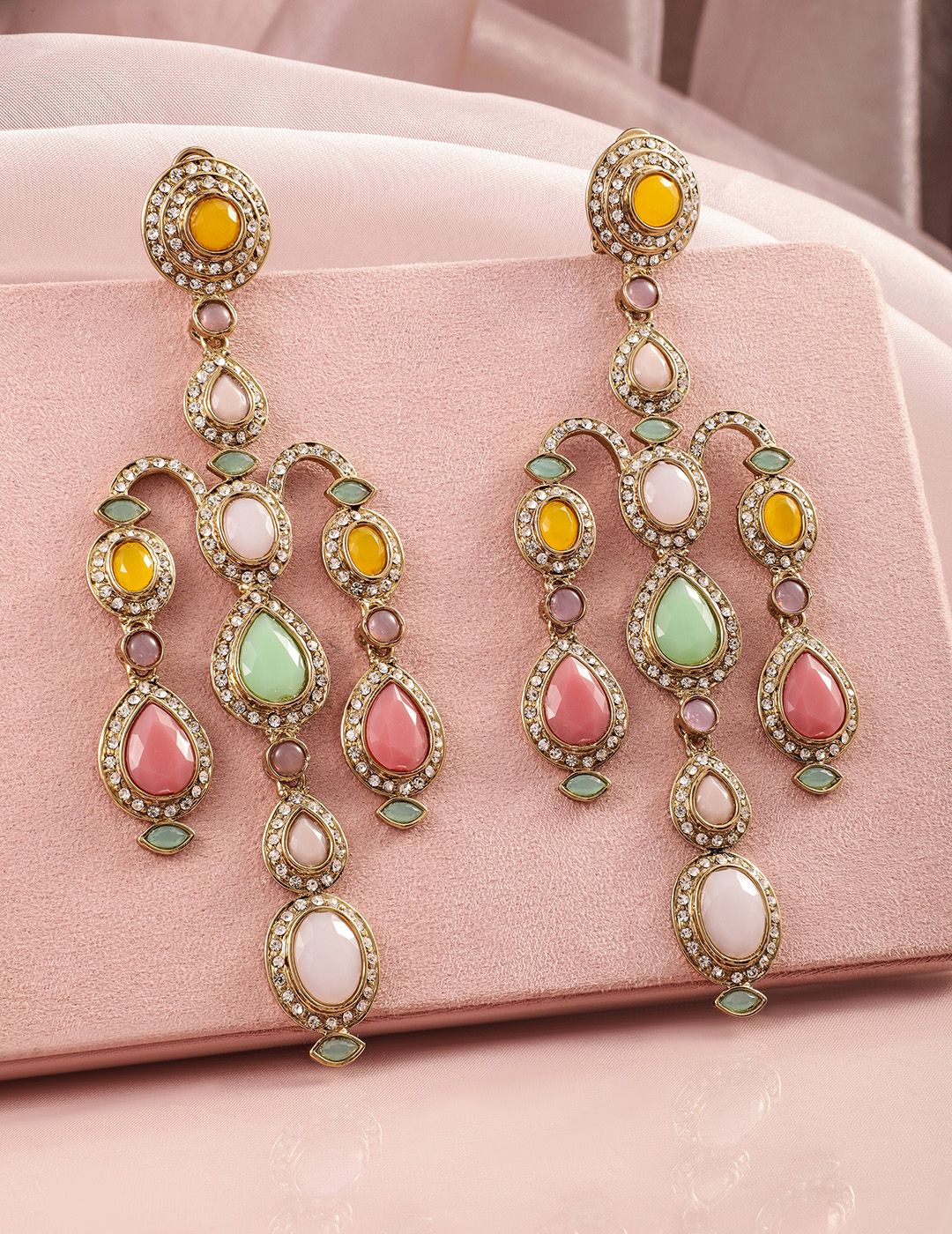 Rubans 22k Mehandi Mehandi Gold-Plated Classic Gemstone & Zirconia Studded Chandelier Earrings