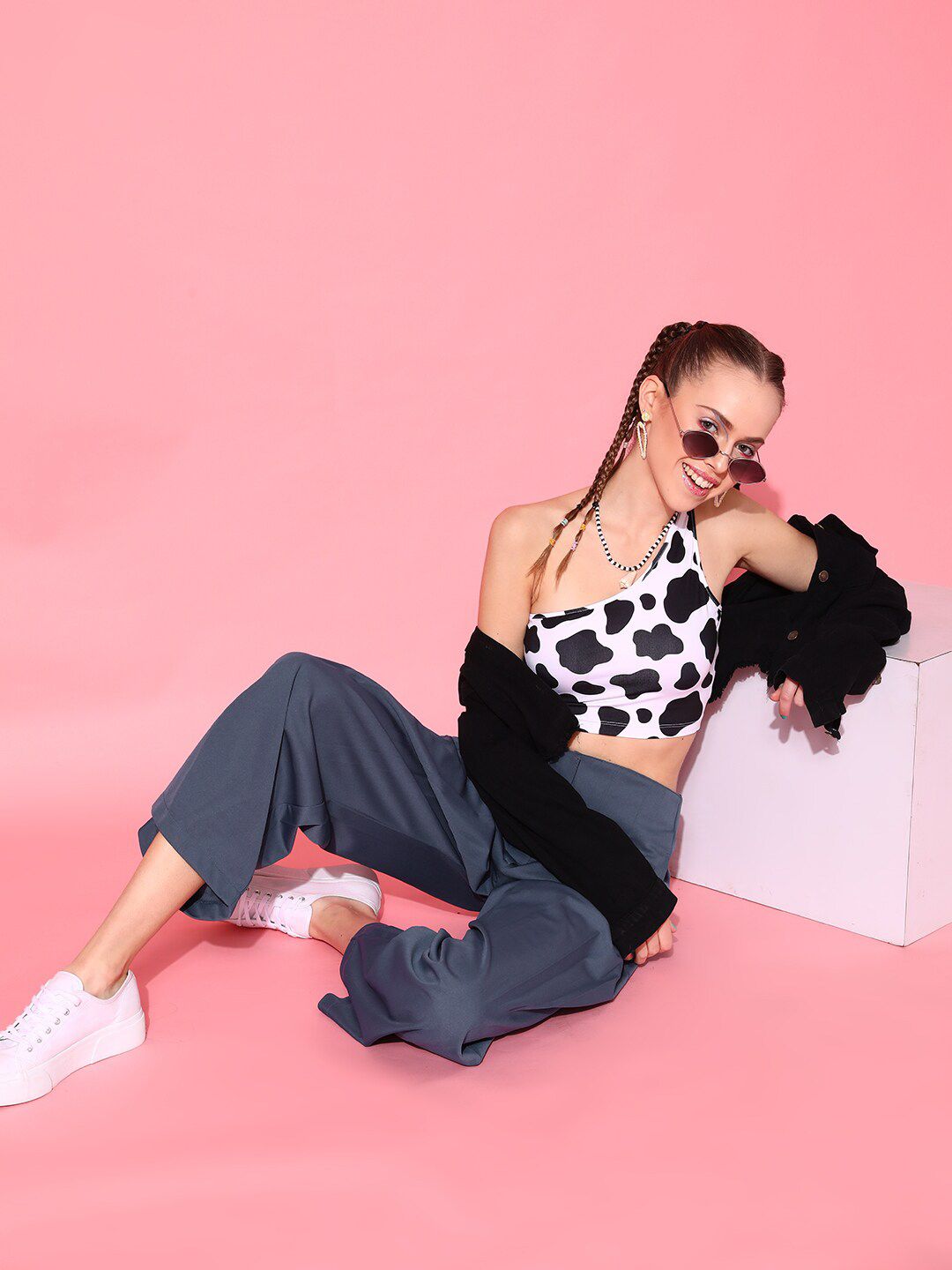 STREET 9 Black & White Animal Print One Shoulder Crop Top