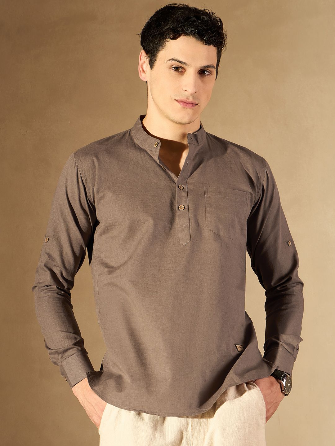 DENNISON Men Brown Solid Straight Pure Cotton Short Kurta