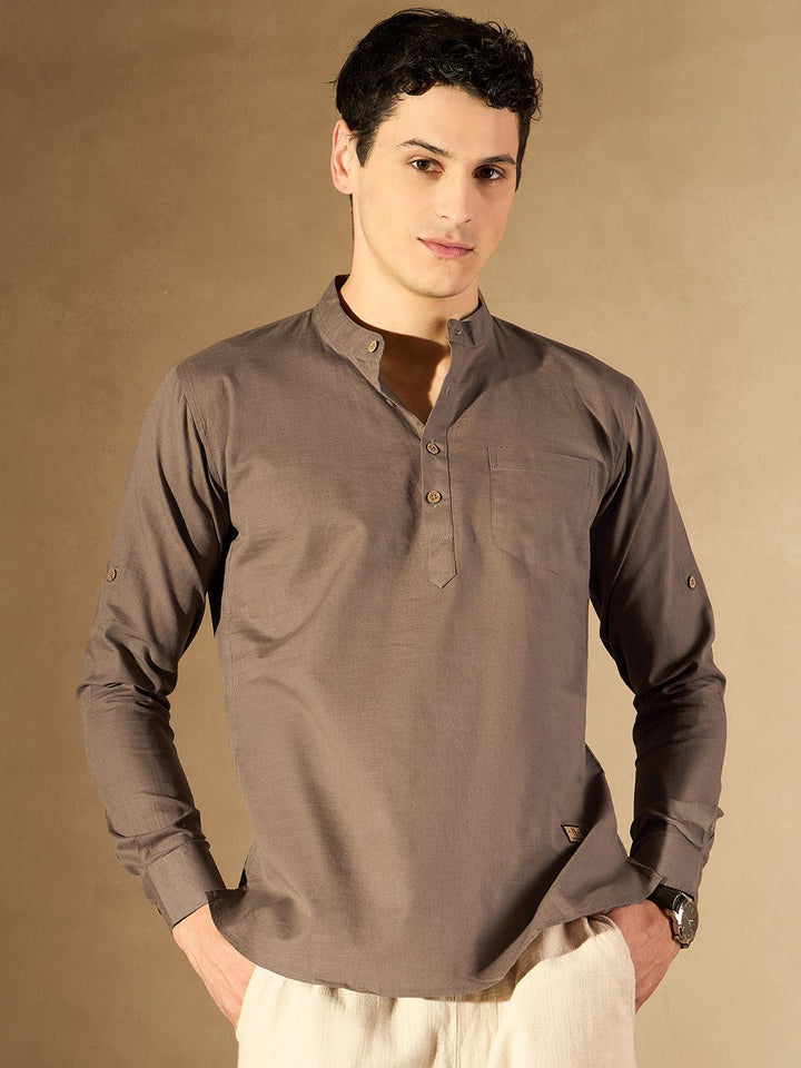 DENNISON Men Brown Solid Straight Pure Cotton Short Kurta