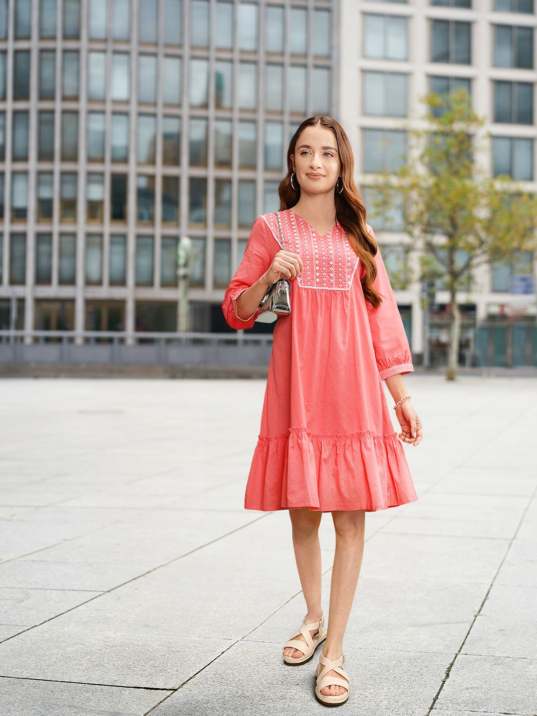 Global Desi Women Coral Pink & White Embroidered A-Line Dress