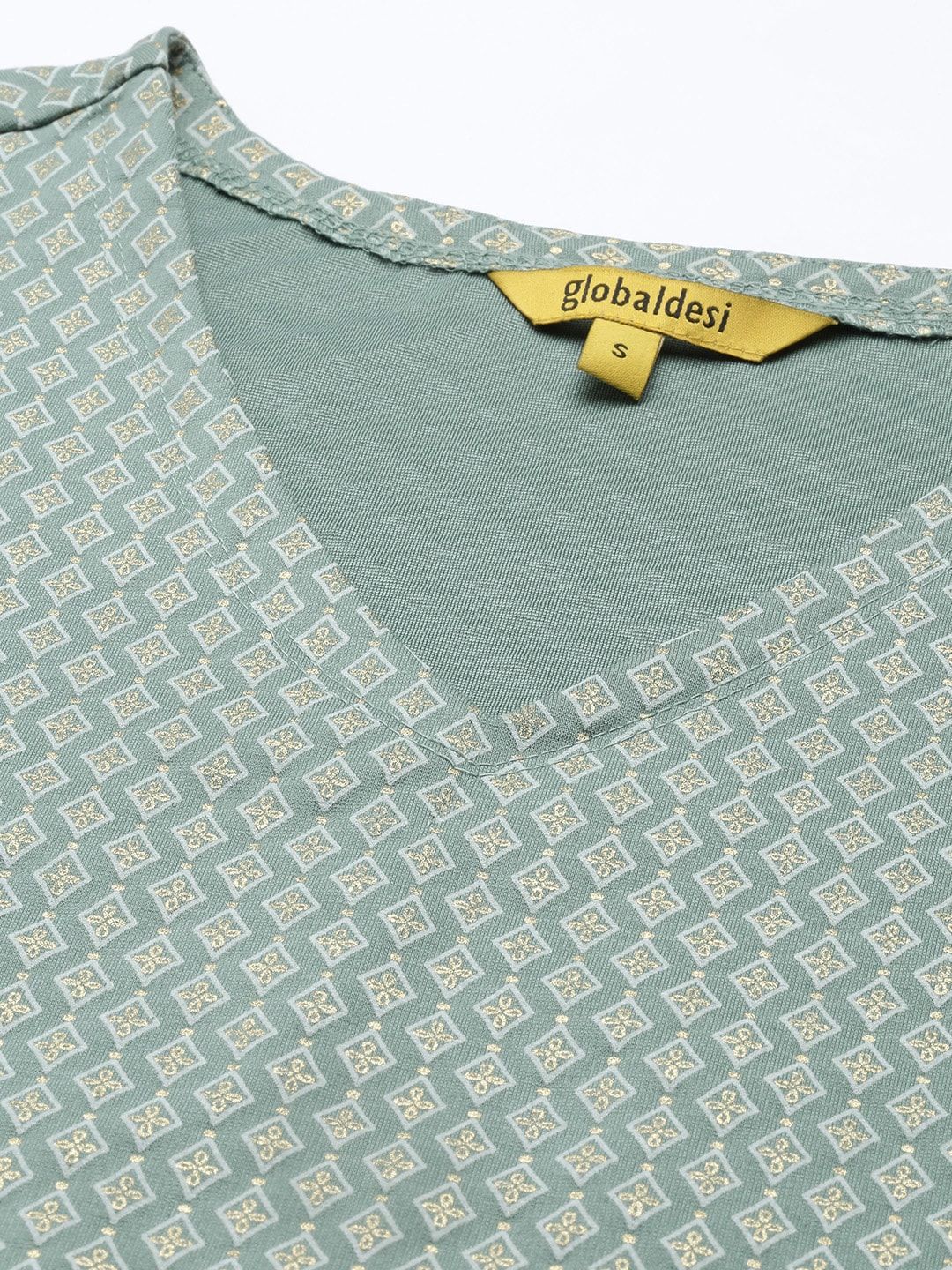Global Desi Sage Green Geometric Print Sleeveless Blouson Crop Top