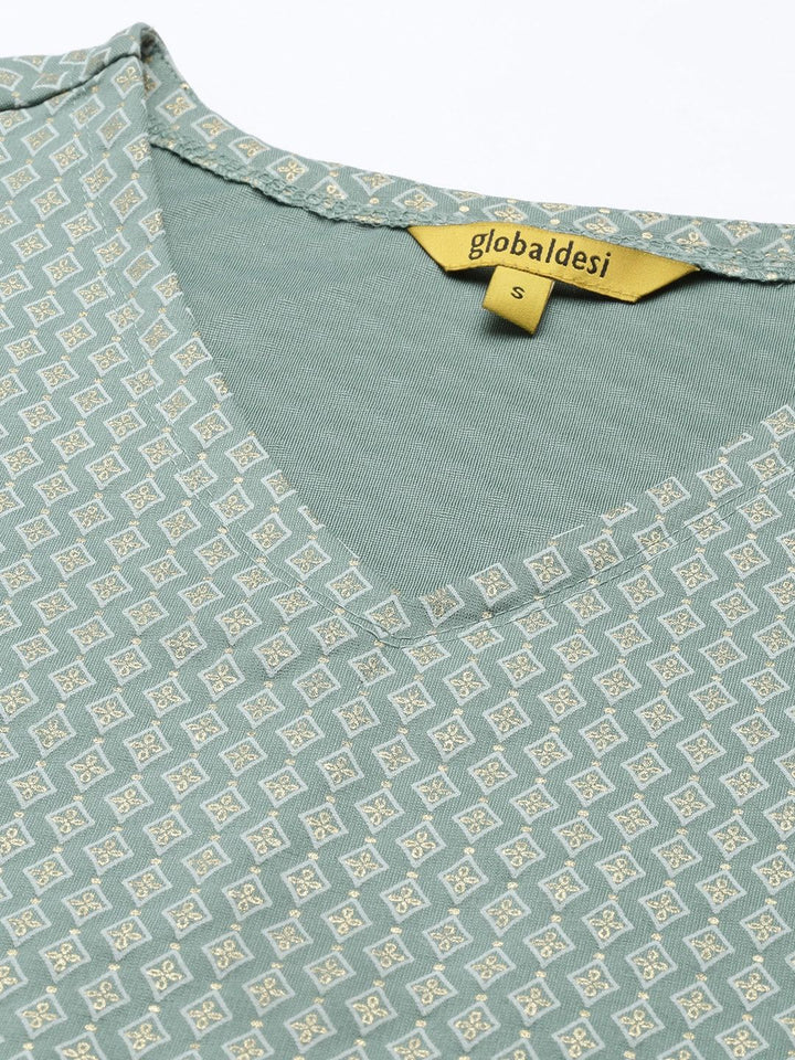 Global Desi Sage Green Geometric Print Sleeveless Blouson Crop Top