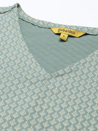 Global Desi Sage Green Geometric Print Sleeveless Blouson Crop Top