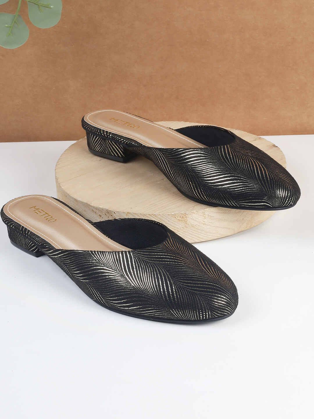 Metro Women Textured Ethnic - Embellished Pointed Toe Block Mules