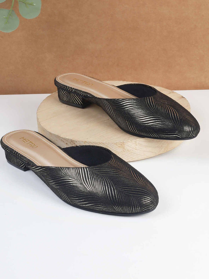 Metro Women Textured Ethnic - Embellished Pointed Toe Block Mules