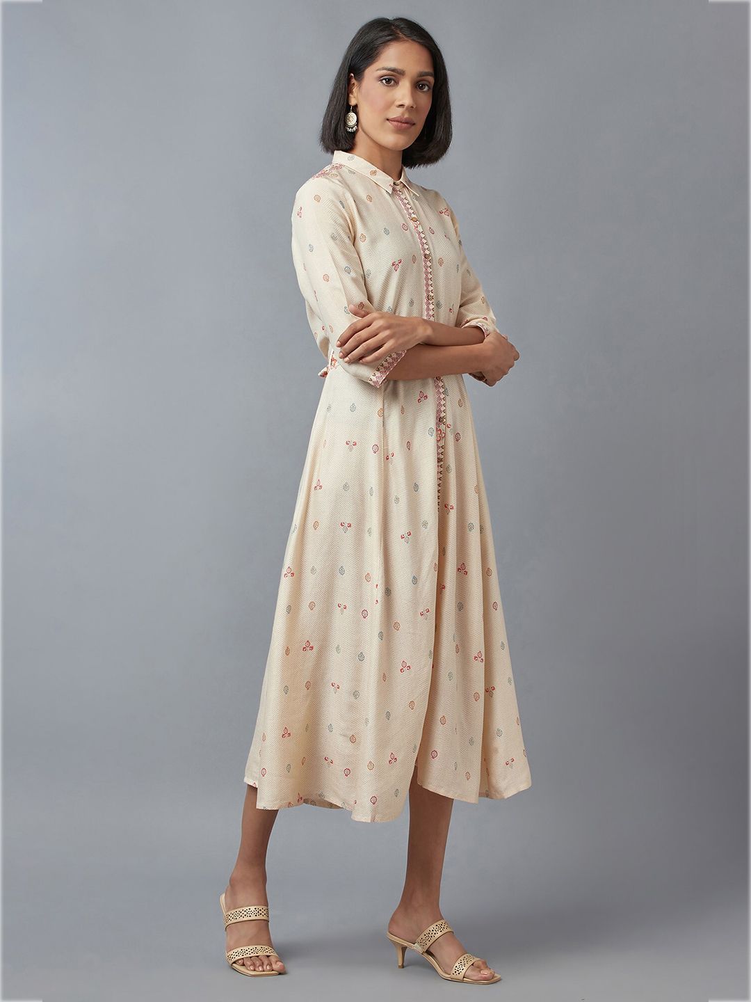 W White Ethnic Motifs Shirt Midi A-Line Dress