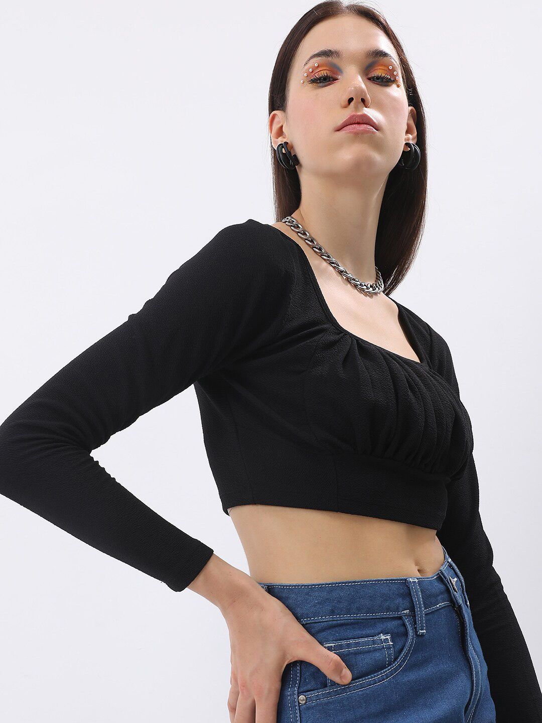 Tokyo Talkies Black Square Neck Ruched Blouson Crop Top